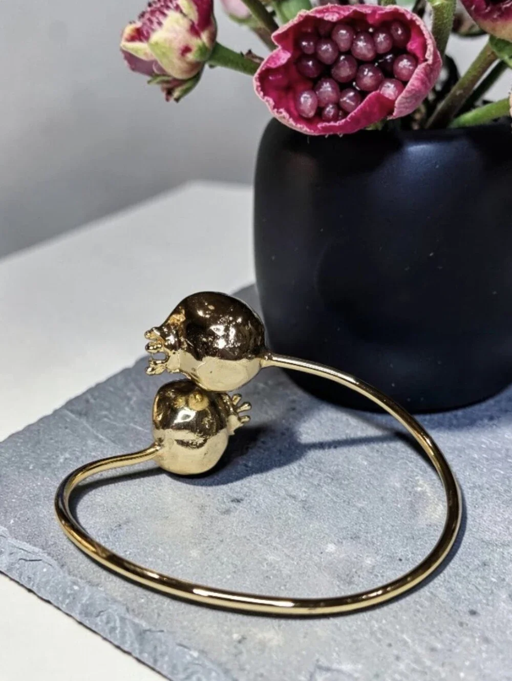 Fab 18k Gold Plated Artisan Genuine Garnet Pomegranate Bypass Bangle Bracelet